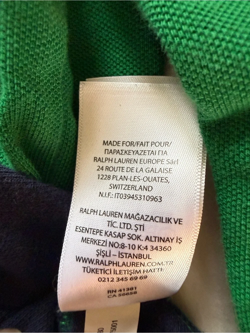 Ralph Lauren Polo Green Tee with Navy Label and Yellow Stitching